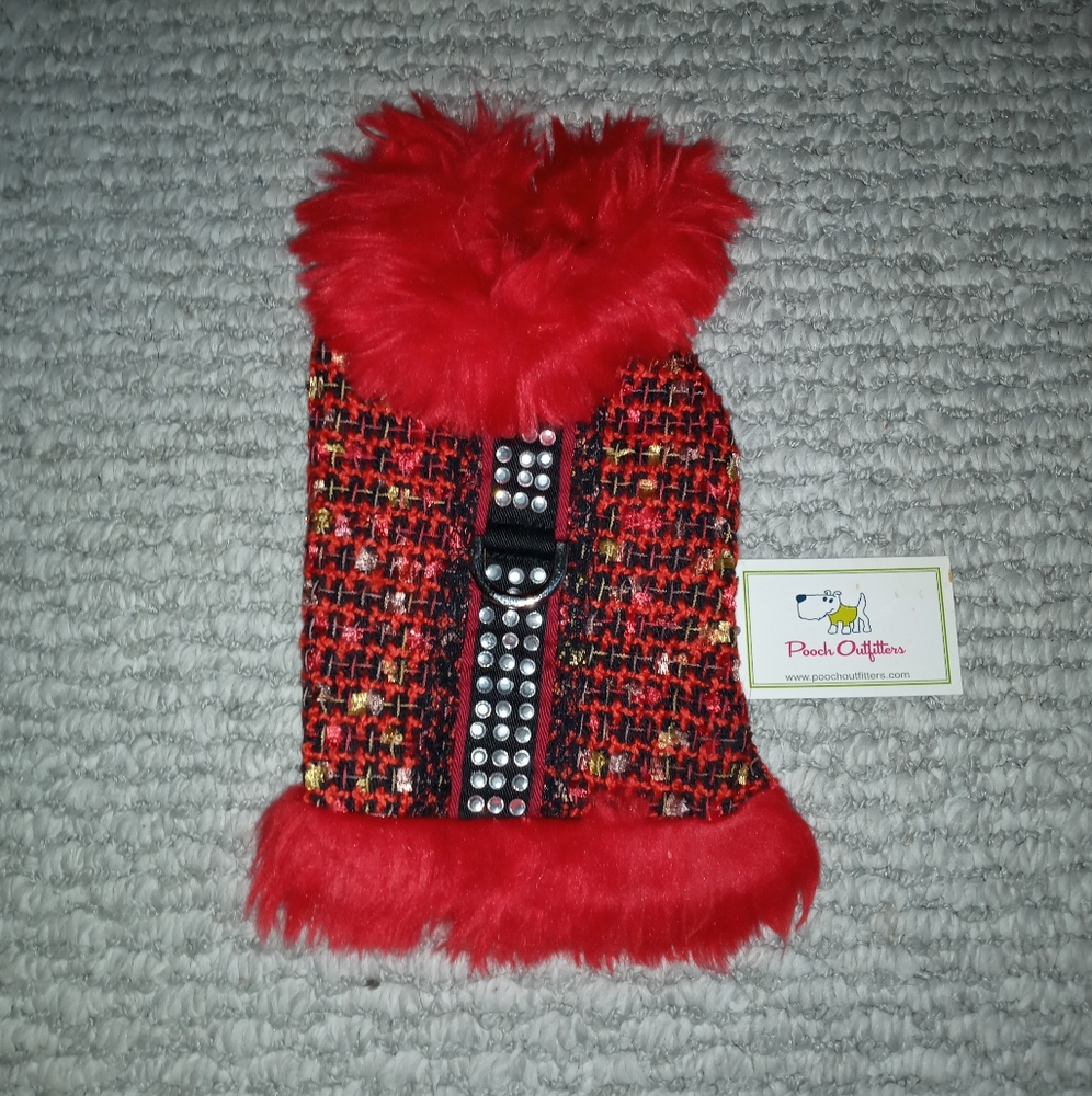 RED/BLACK TWEED DOG JACKET WITH FAUX FUR TRIM BY POOCH OUTFITTERS ~ SIZE XXS